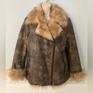 Newport News Penny Lane genuine brown leather faux fur  jacket Retro Goth 14